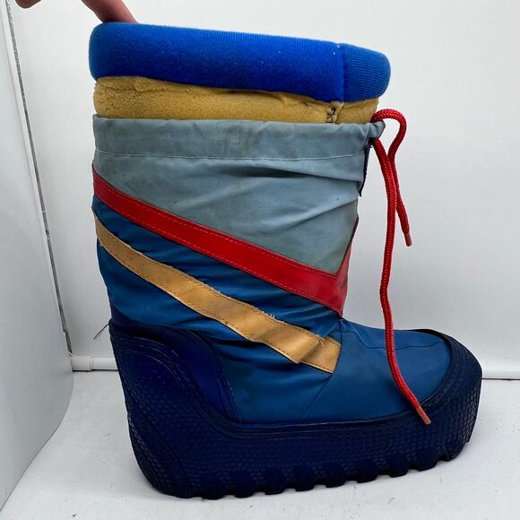 Vintage 80s Snow Boot Youth 4-5 Blue Nylon Stripe Winter Moon - Picture 3 of 12